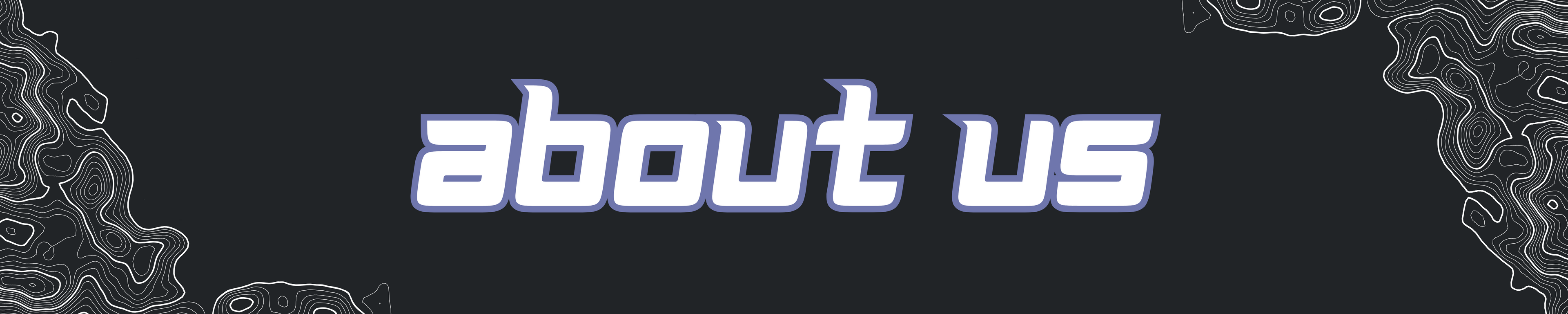 Text 'about us' in white on a black background with abstract patterns.